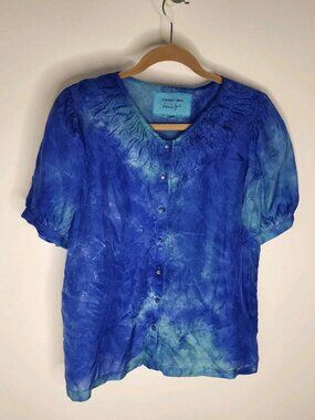 Johnny Was - Amanda Bond Blue Silk Puffed Sleeve Top - XS/S Tropical Resort